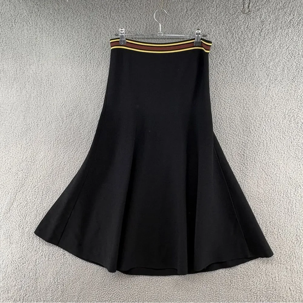 Sandro Paris Black Knit Midi Flare Skirt Striped Waist Size 2